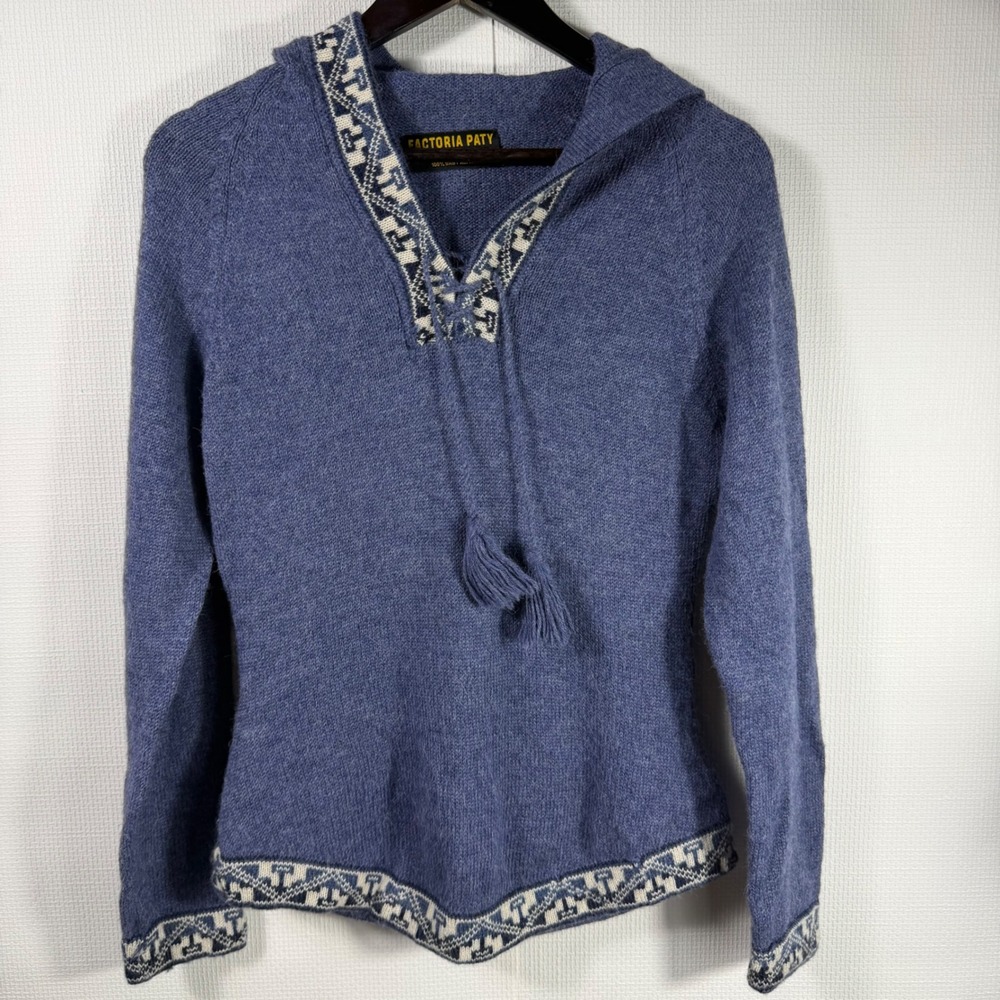 Factoria Paty 100% Baby Alpaca Hooded Sweater Blue Fair Isle Tassel Lace Up M